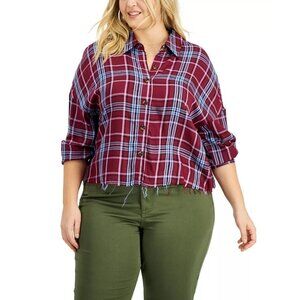 Love Fire Womens Plus Size 1X Raw Hem Plaid Button-Down Top Burgundy Blue 1442